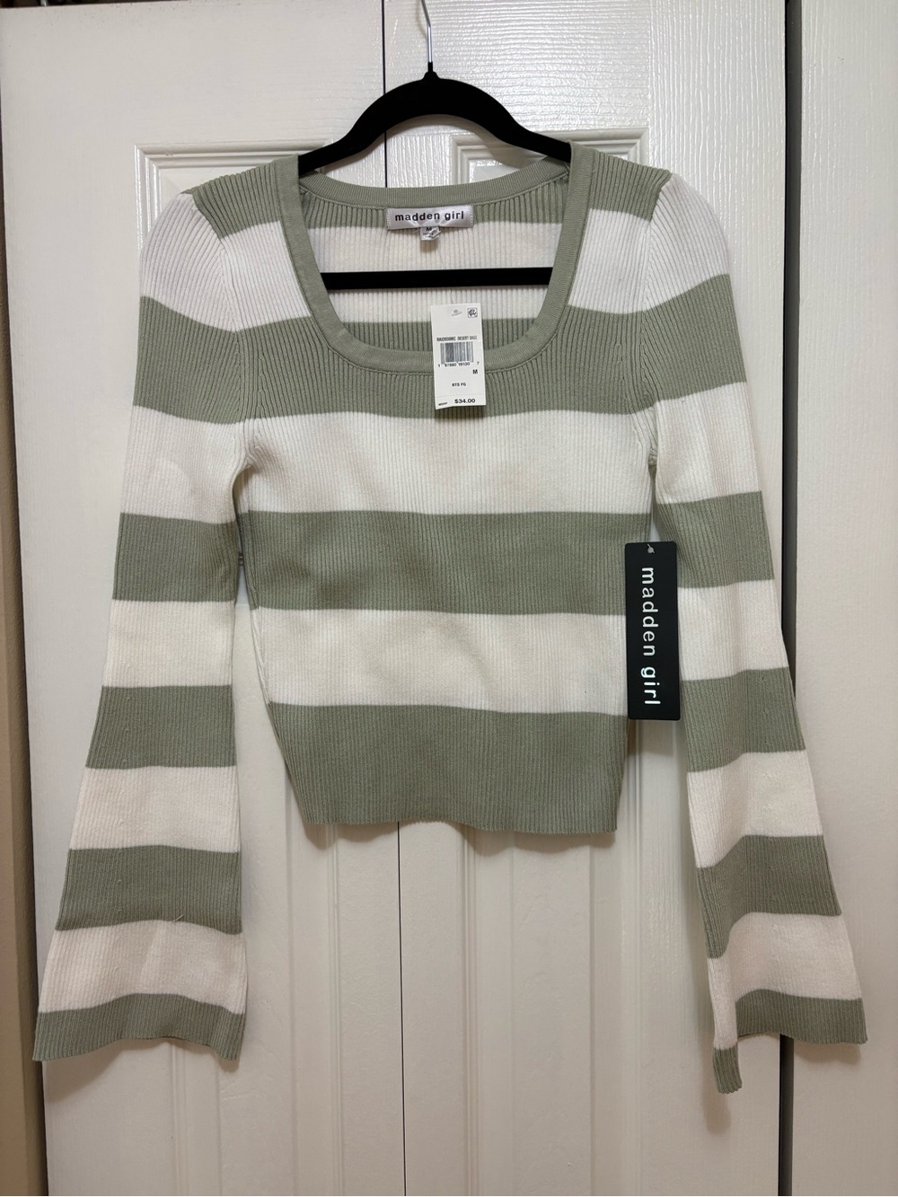 Madden Girl Olive & White Wide-Strip Knit Scoop Neck Top